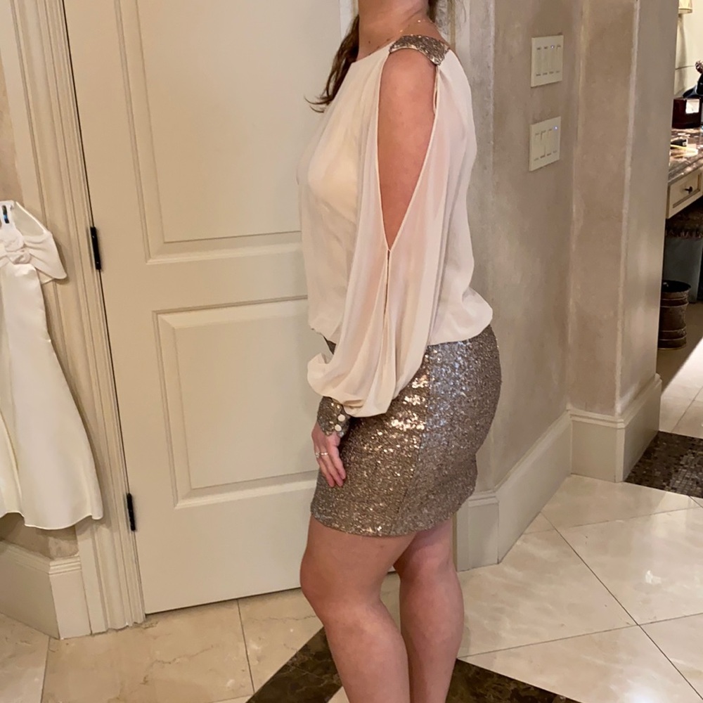 Cache size 8 nude with gold sequins dress